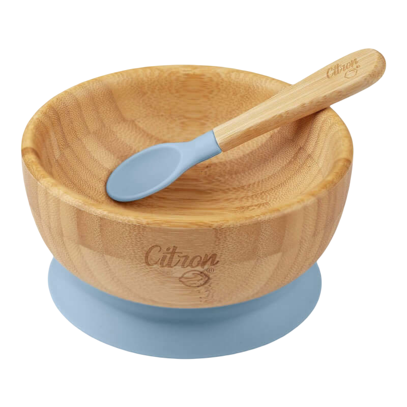 Citron Bamboo Bowl with Suction & Spoon - Dusty Blue