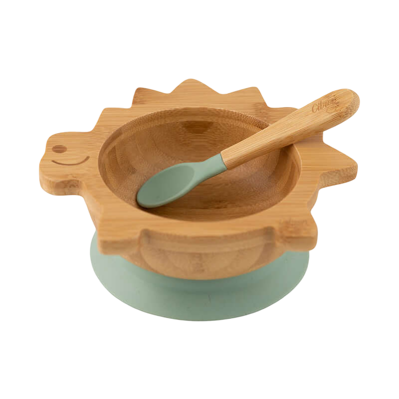 Citron Bamboo Bowl with Suction & Spoon - Green Dino