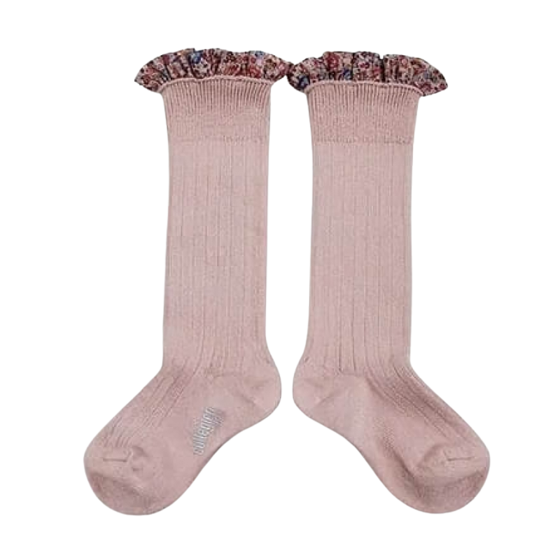 Collegien Elisabeth-Liberty 荷葉邊過膝襪 - 玫瑰粉紅色