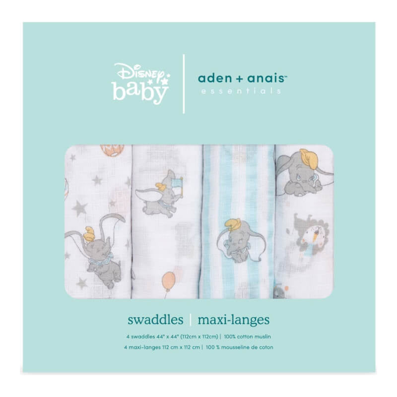 aden + anais Essentials Cotton Muslin Swaddles 4-Pack - Disney Dumbo New Heights