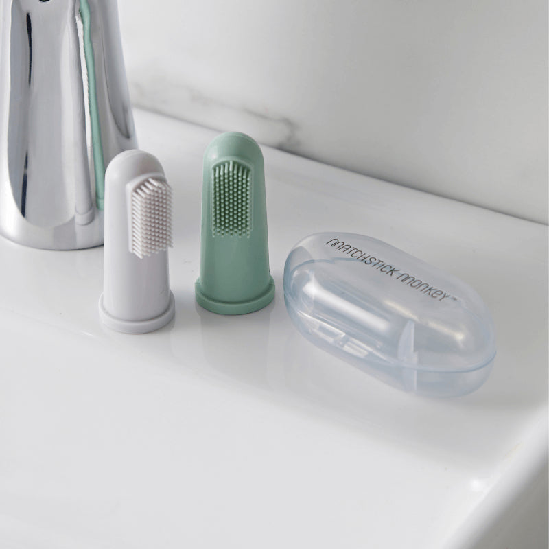 火柴猴造型手指牙刷，附便攜盒 - 灰色和薄荷綠