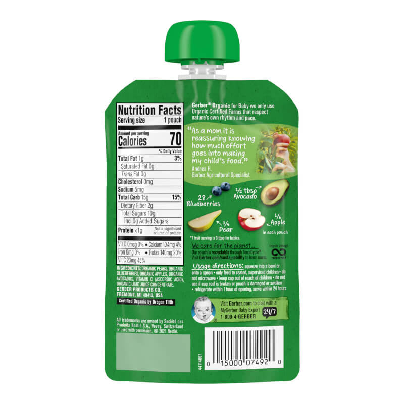 Gerber Organic for Baby 2nd Foods Pear Blueberry Apple Avocado 3.5 oz (99 g)