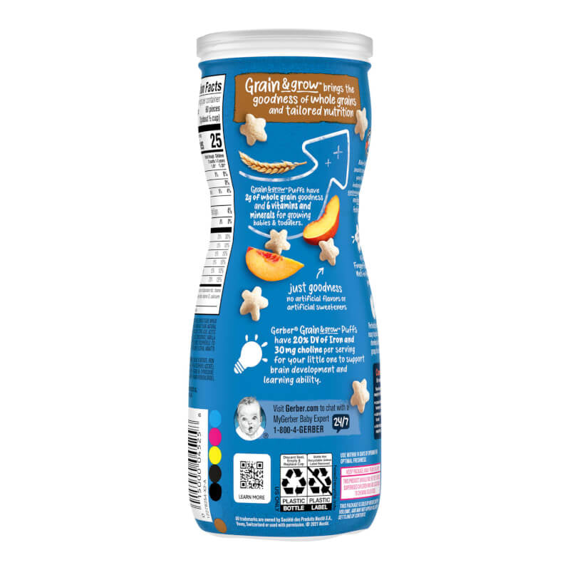 Gerber Snacks for Baby Grain & Grow Puffs Puffed Grain Snack 8+ Months Peach 1.48 oz (42 g)