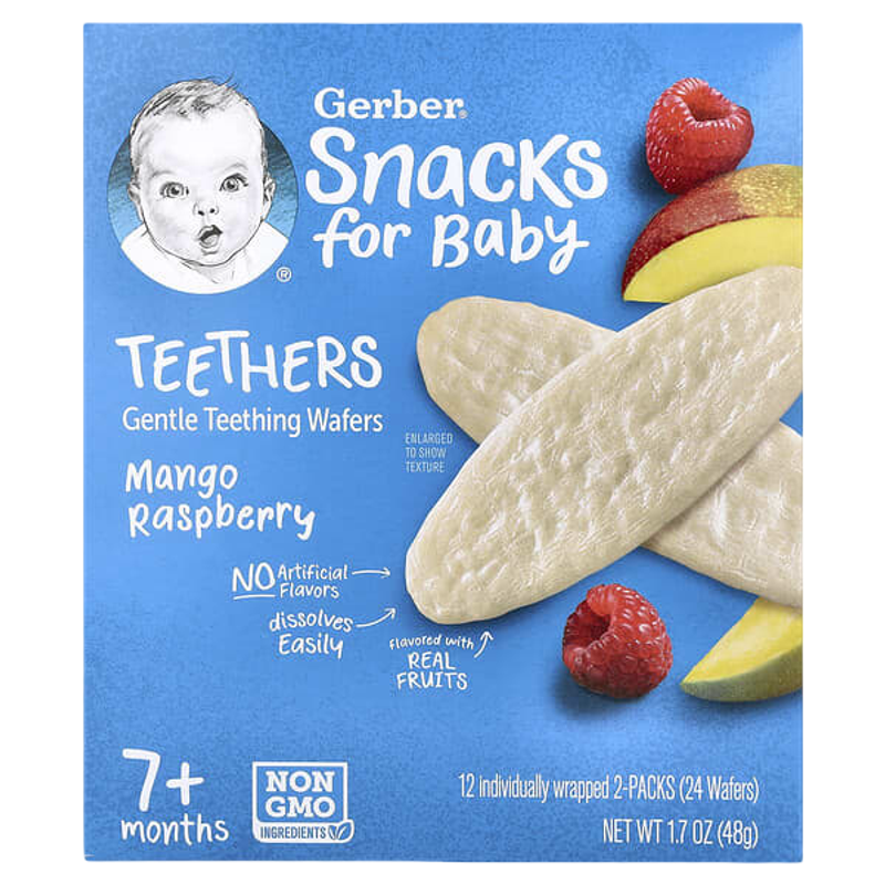 Gerber Snacks for Baby Teethers Gentle Teething Wafers 7+ Months Mango Raspberry 12 Individually Wrapped 2 Packs 4g Each