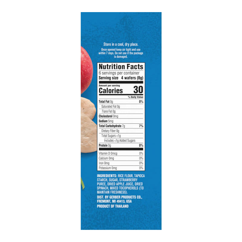 嘉寶嬰兒磨牙零食，溫和磨牙威化餅乾，7個月以上適用，草莓蘋果菠菜口味，12包獨立包裝，每包2片，每包2片。