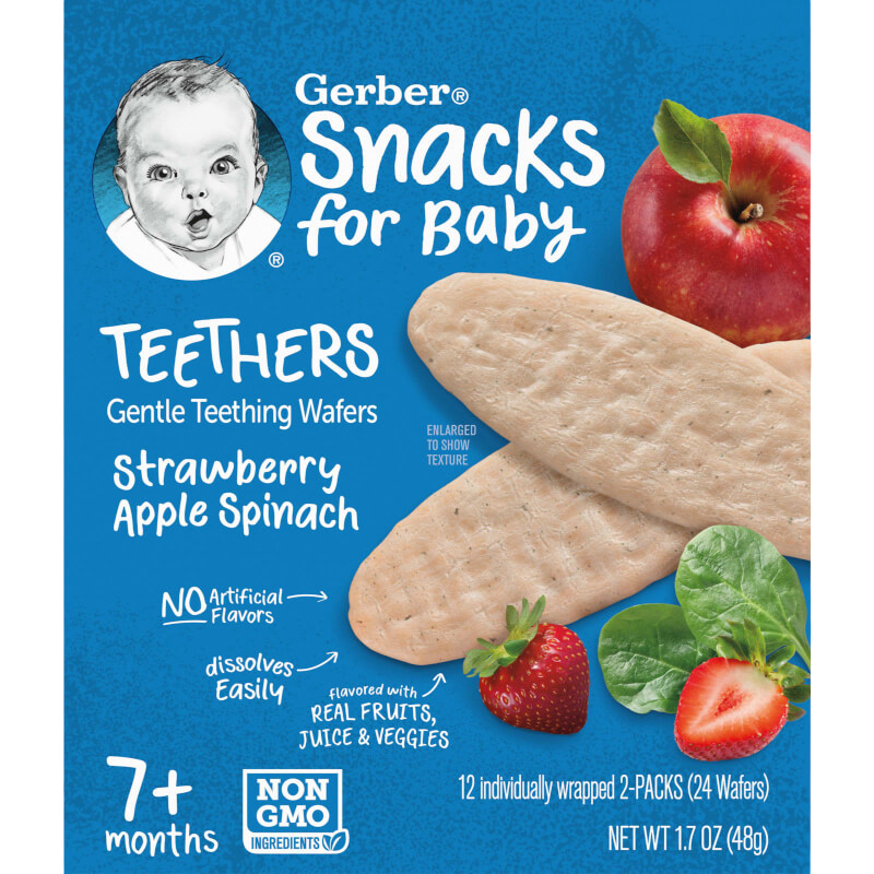 Gerber Snacks for Baby Teethers Gentle Teething Wafers 7+ Months Strawberry Apple Spinach 12 Individually Wrapped 2-Packs 2 Wafers Each
