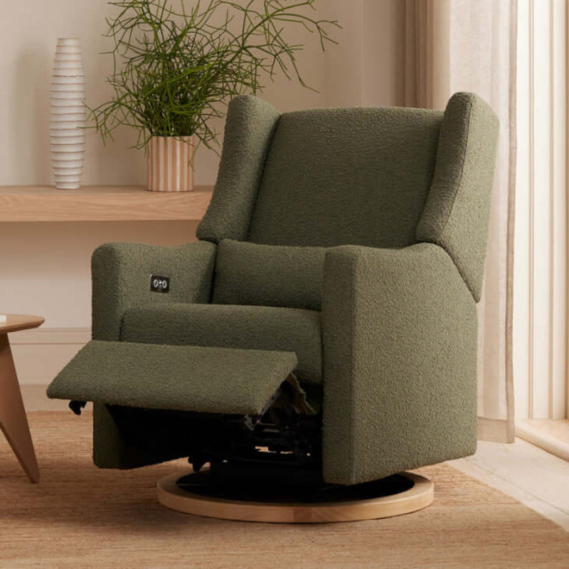 Babyletto Kiwi Electronic Recliner & Swivel Glider w/ USB Port - Olive Boucle with Light Wood Base
