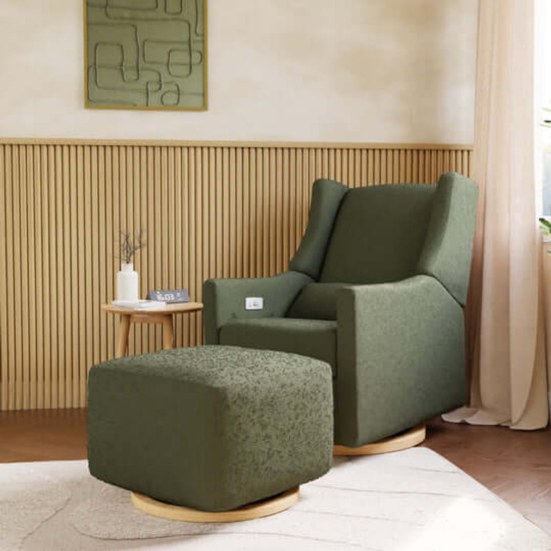 Babyletto Kiwi Gliding Ottoman - Olive Boucle with Light Wood Base