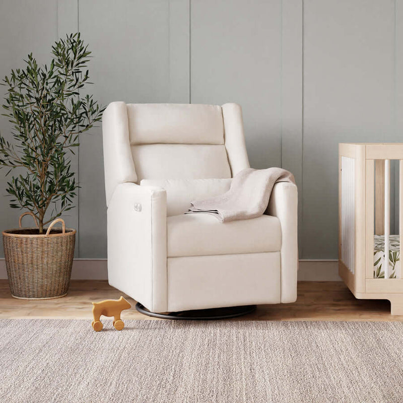 Babyletto Kiwi Plus 電動躺椅/旋轉搖椅，帶電動可調頭枕和 USB 接口 - 性能奶油色環保編織面料