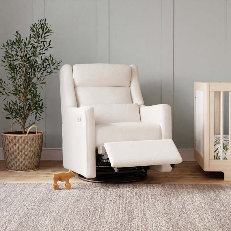 Babyletto Kiwi Plus 電動躺椅/旋轉搖椅，帶電動可調頭枕和 USB 接口 - 性能奶油色環保編織面料