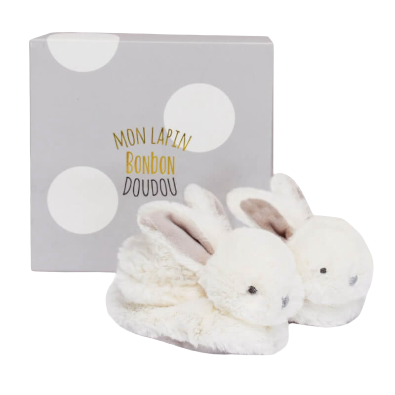 Doudou et Campagnie Lapin Bonbon Booties with Rattle - Taupe 0-6m