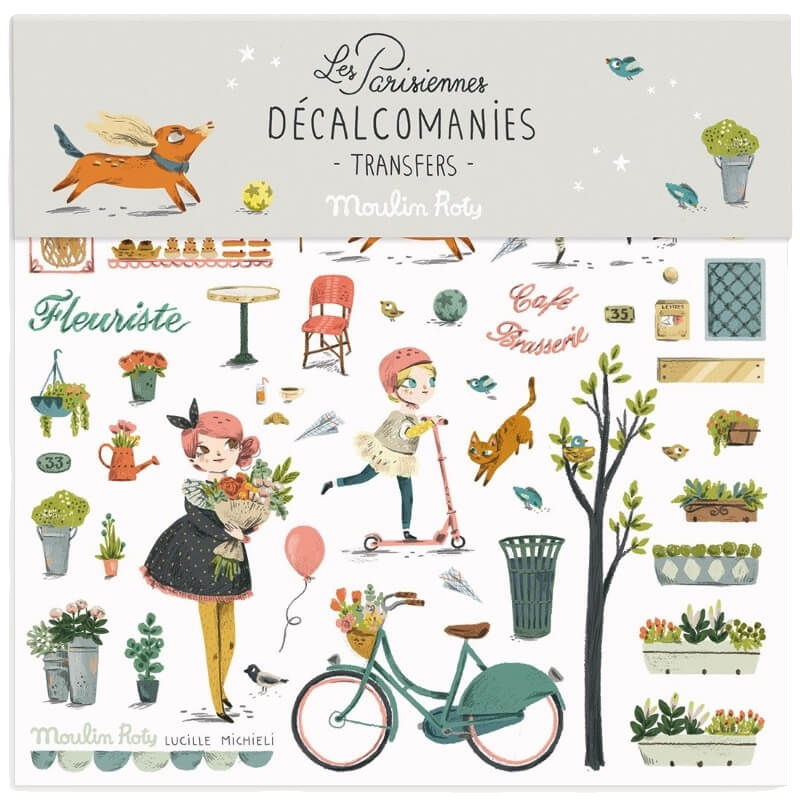 Moulin Roty Les Parisiennes 巴黎街景轉印貼紙套裝。內含 47 張印刷品 + 1 張背景海報。