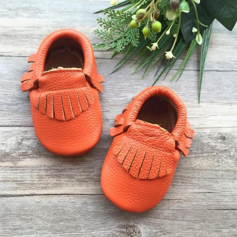 Little Caleb Moccasins - Classic Electric Coral Leather Moccasins