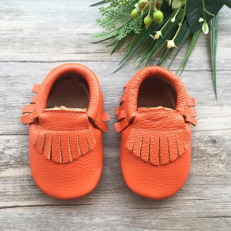 Little Caleb Moccasins - Classic Electric Coral Leather Moccasins