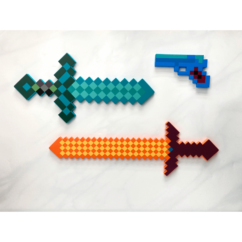 Pixel Art Toy Soft EVA Foam Toy  - Diamond Blue Sword 60cm + Long Orange Sword 75cm + Blue Gun 23cm (3-Pack)