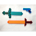 Pixel Art Toy Soft EVA Foam Toy  - Diamond Blue Sword 60cm + Long Orange Sword 75cm + Blue Gun 23cm (3-Pack)