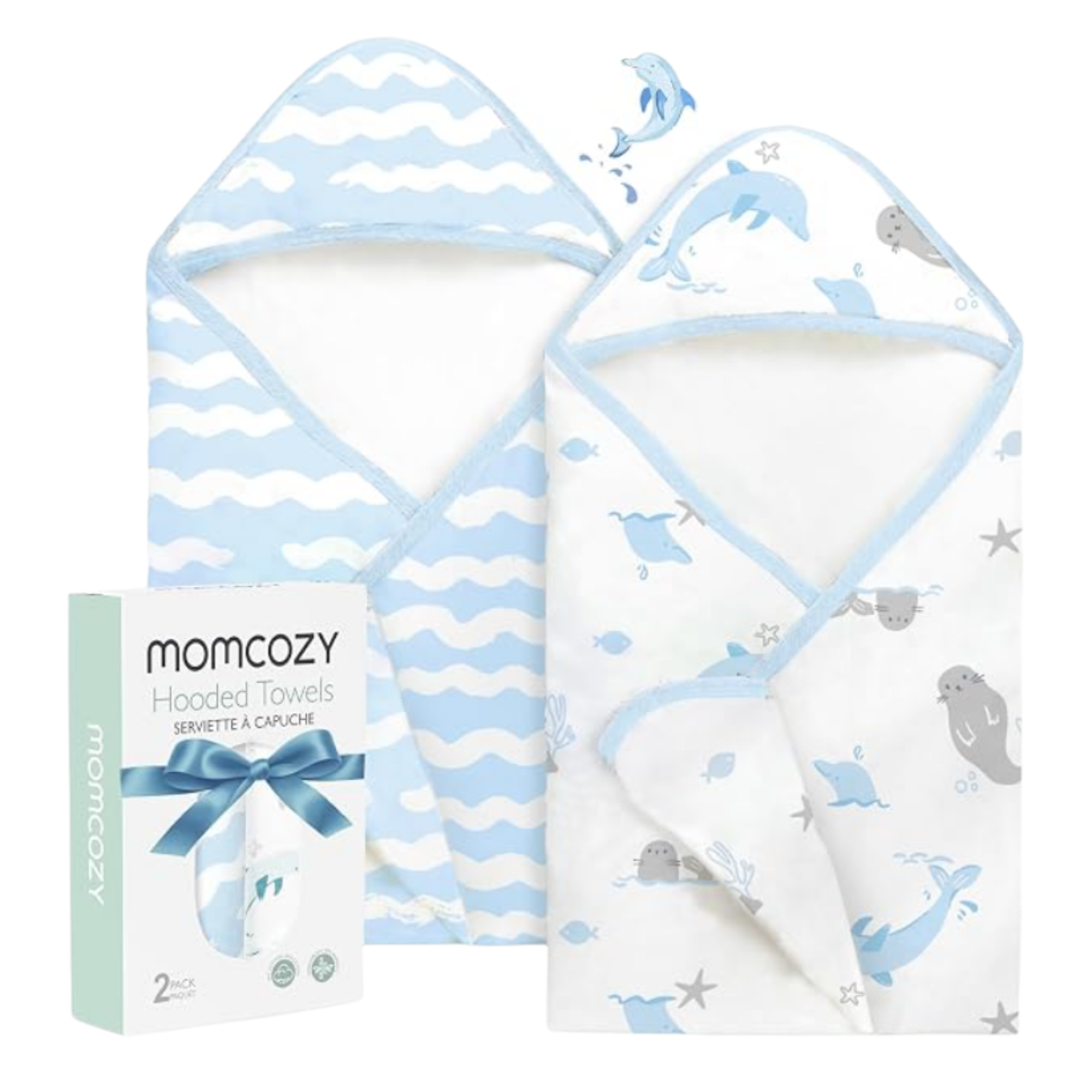 Momcozy Hooded Toddler Towel 2 in a pack 35 x 35 inches - Marine Whale Magic