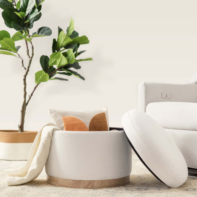 Babyletto Naka Storage Ottoman - Performance Cream Eco-Weave with Light Wood Base