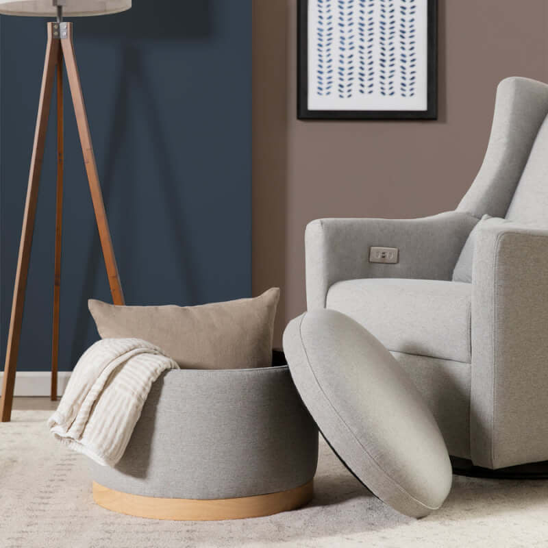Babyletto Naka Storage Ottoman - Performance Grey Eco-Weave with Light Wood Base
