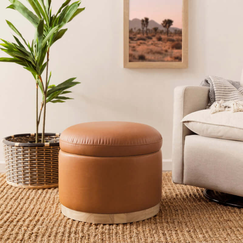 Babyletto Naka Storage Ottoman - Vegan Tan Leather with Light Wood Base