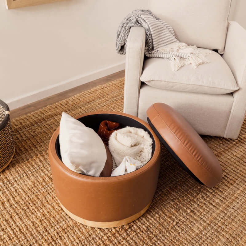 Babyletto Naka Storage Ottoman - Vegan Tan Leather with Light Wood Base