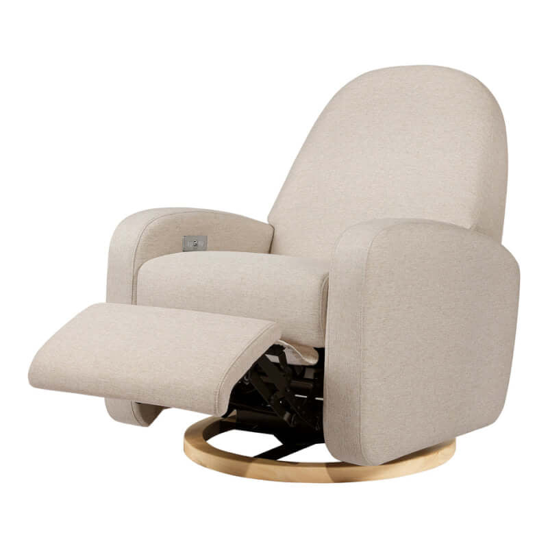 Babyletto Nami 電動躺椅/旋轉搖椅，附 USB 連接埠 - Performance Beach Eco-Weave 布料，淺色木質底座
