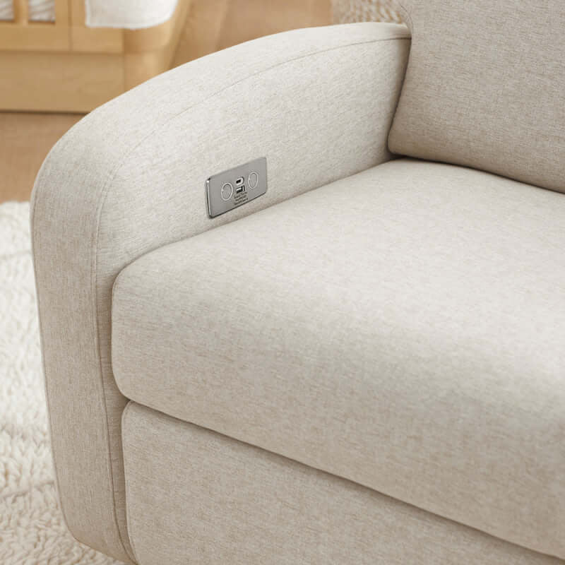Babyletto Nami Electronic Recliner & Swivel Glider w/ USB Port - Performance Beach Eco-Weave with Light Wood Base