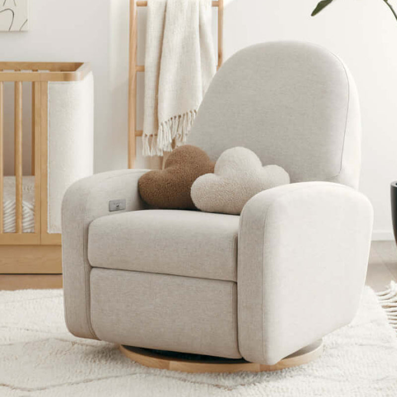 Babyletto Nami Electronic Recliner & Swivel Glider w/ USB Port - Performance Beach Eco-Weave with Light Wood Base