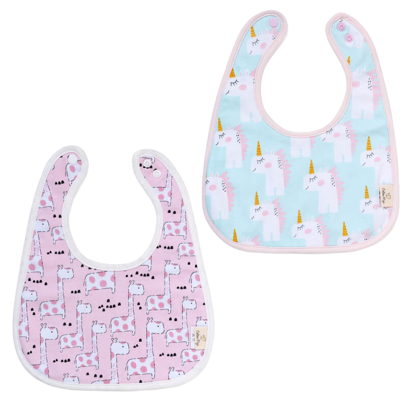 Cotton Pigs Organic Reversible Bib Set - Unicorns/Giraffes