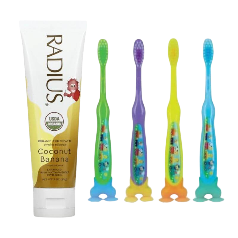 Radius Organic Toothpaste for Kids - Coconut Banana 85g + Parents League Soft ToothBrush with Suction Stand 2s