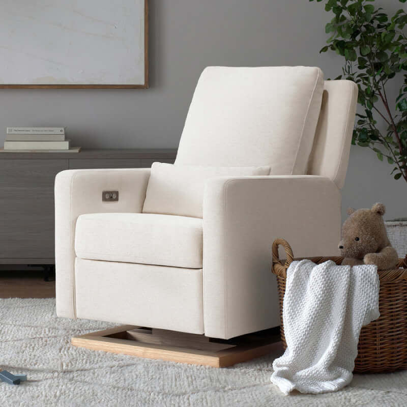 Babyletto Sigi Electronic Recliner & Glider w/ USB Port - Performance Cream Eco-Weave with Light Wood Base