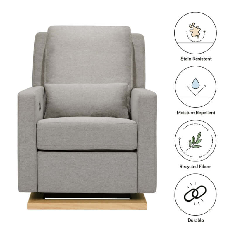 Babyletto Sigi 電動躺椅/搖椅，帶 USB 接口 - 高性能灰色環保編織面料，淺色木質底座