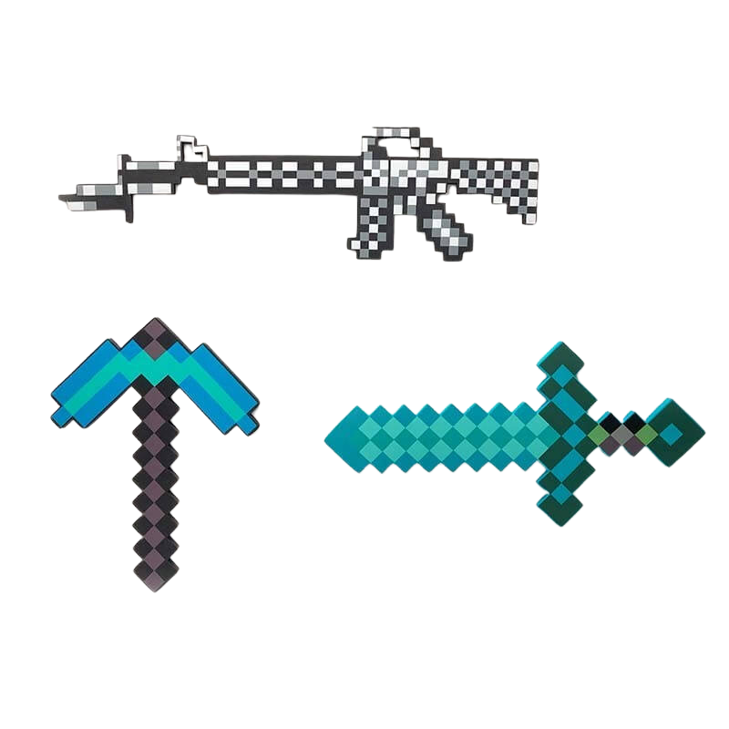 Pixel Art Toy Soft EVA Foam Toy - Diamond Blue Sword 60cm + Grey Machine Gun 62cm + Blue Pickaxe 45cm (3-Pack)
