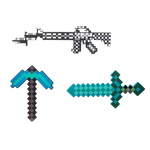 Pixel Art Toy Soft EVA Foam Toy - Diamond Blue Sword 60cm + Grey Machine Gun 62cm + Blue Pickaxe 45cm (3-Pack)