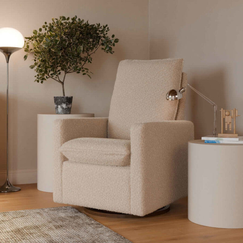 Babyletto Cali Pillowback Swivel Glider - Chai Shearling with Dark Wood Base