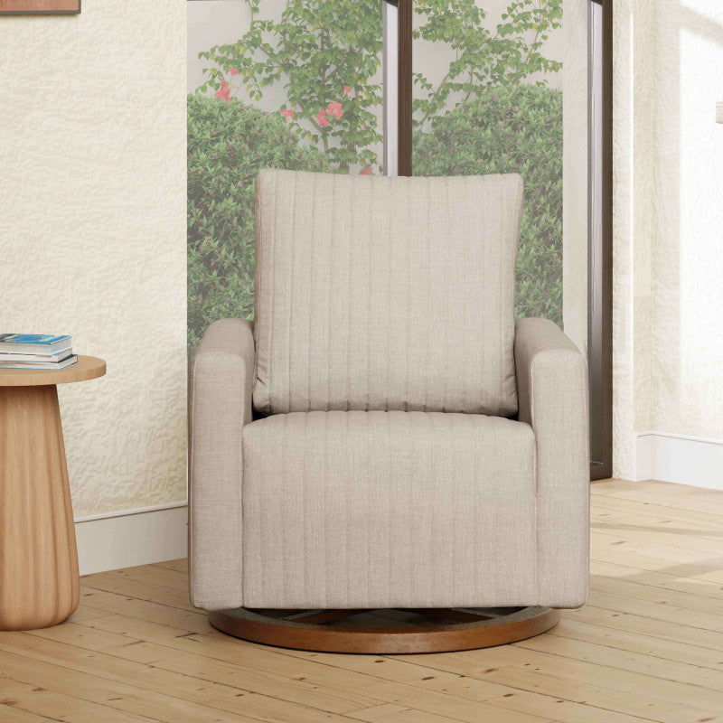 Babyletto Poe Channeled Swivel Glider - Performance Beach Eco-Weave with Dark Wood Base