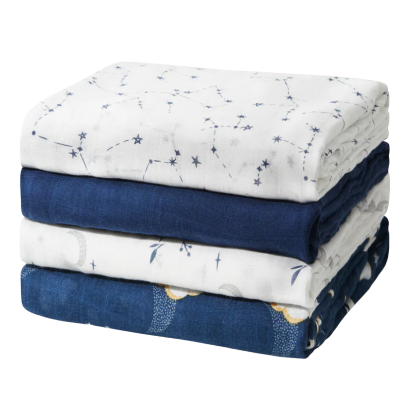 Momcozy Muslin Swaddle Blankets for Newborn 4 in a pack - Midnight Star Clouds