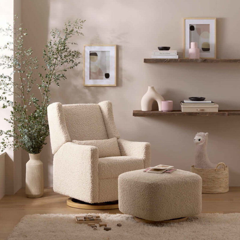 Babyletto Kiwi Gliding Ottoman - Almond Teddy Loop with Light Wood Base
