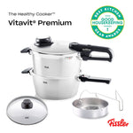 Fissler Vitavit Premium Pressure Cooker 22cm/6L+3.5l W/ Steamer Insert & Tripod Glass Lid