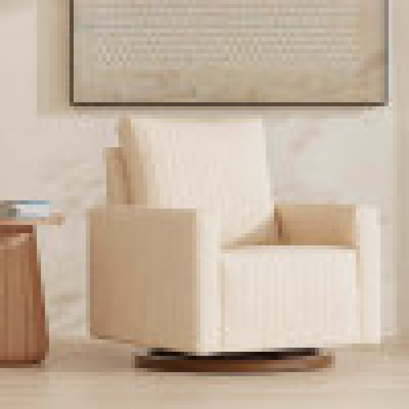 Babyletto Poe Channeled Swivel Glider - Performance Cream Eco-Weave with Dark Wood Base