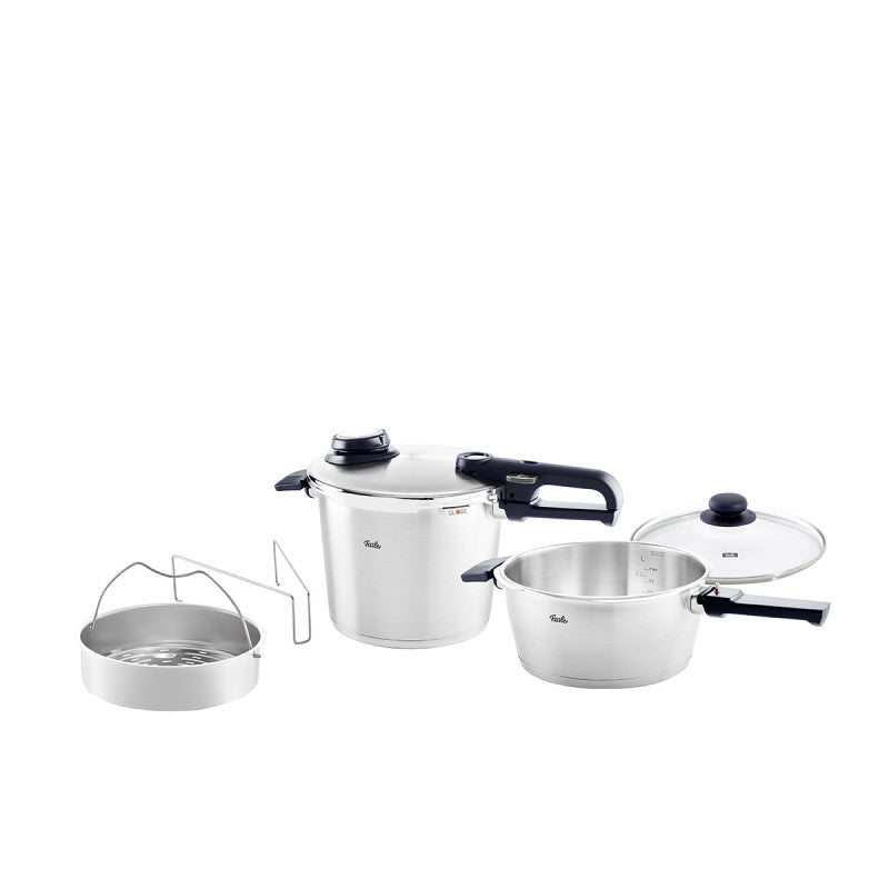 Fissler Vitavit Premium Pressure Cooker 22cm/6L+3.5l W/ Steamer Insert & Tripod Glass Lid