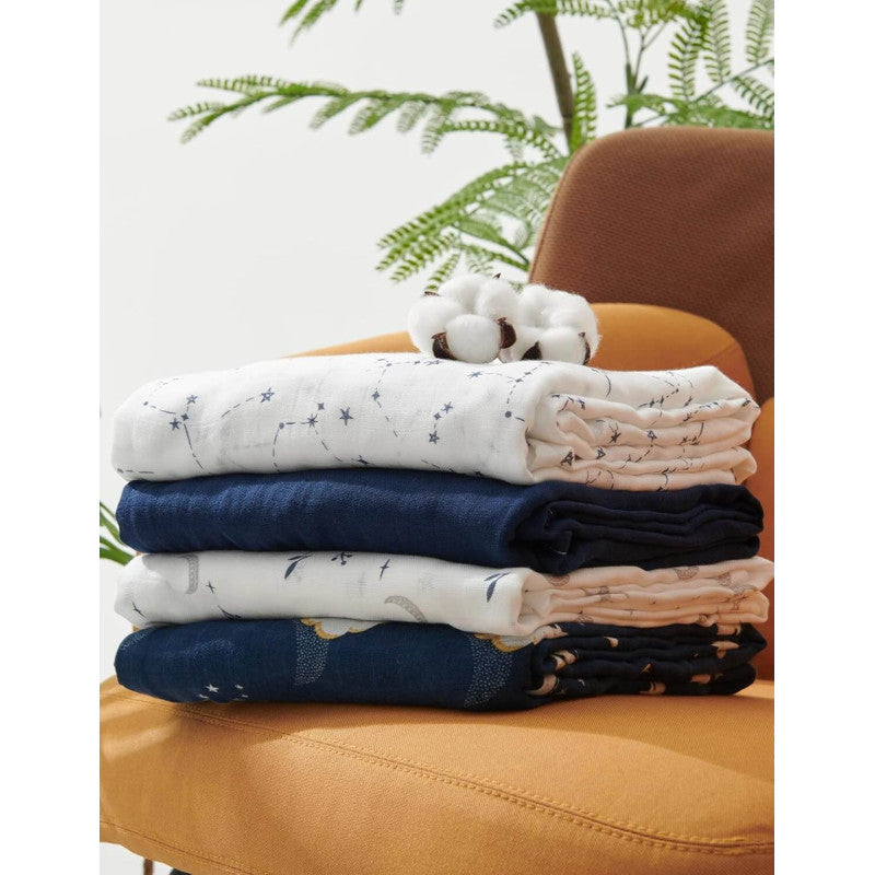 Momcozy Muslin Swaddle Blankets for Newborn 4 in a pack - Midnight Star Clouds